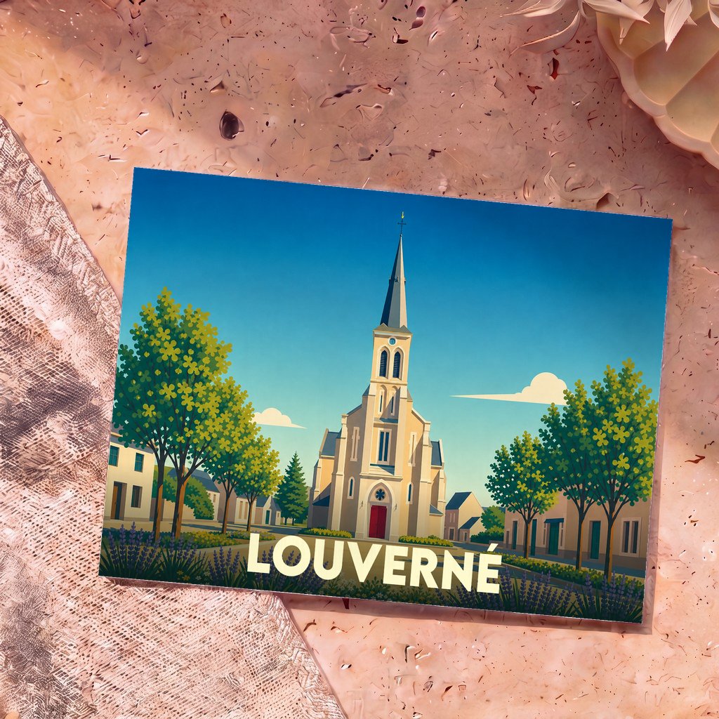 Carte postale souvenir de la ville de Louverné avec une illustration stylisée de son église.