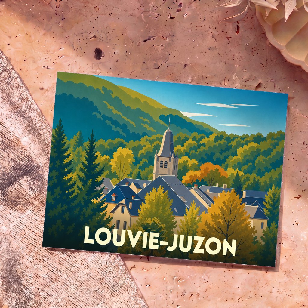Carte postale souvenir de la ville de Louvie-Juzon avec une illustration stylisée de son église et des montagnes environnantes.