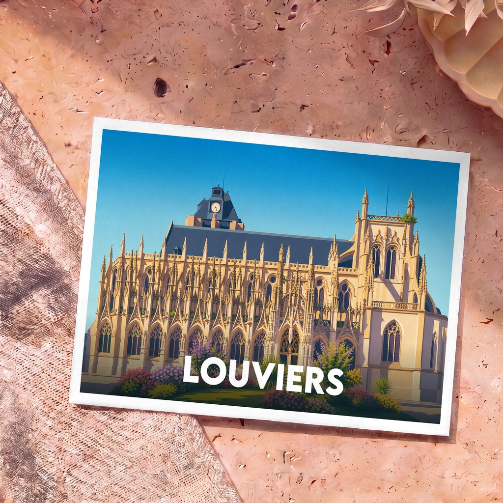 Carte postale souvenir de la ville de Louviers avec une illustration stylisée de son église gothique.