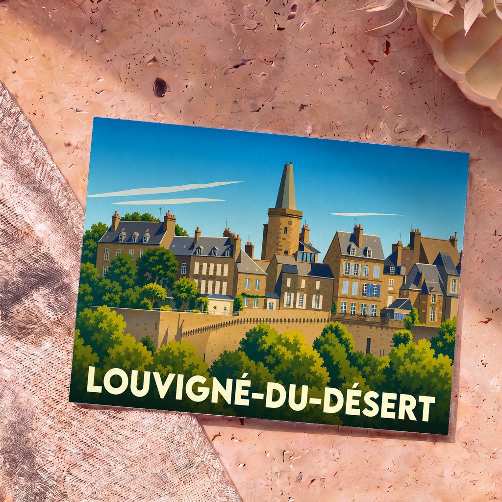 Carte postale souvenir de la ville de Louvigné-du-Désert avec une illustration stylisée de ses bâtiments historiques sur un fond arboré.