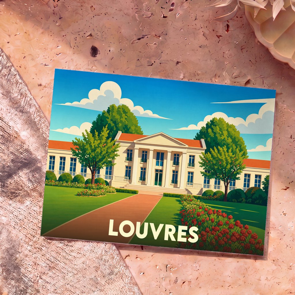 Carte postale souvenir de la ville de Louvres illustrant une grande demeure classique dans un style graphique épuré.