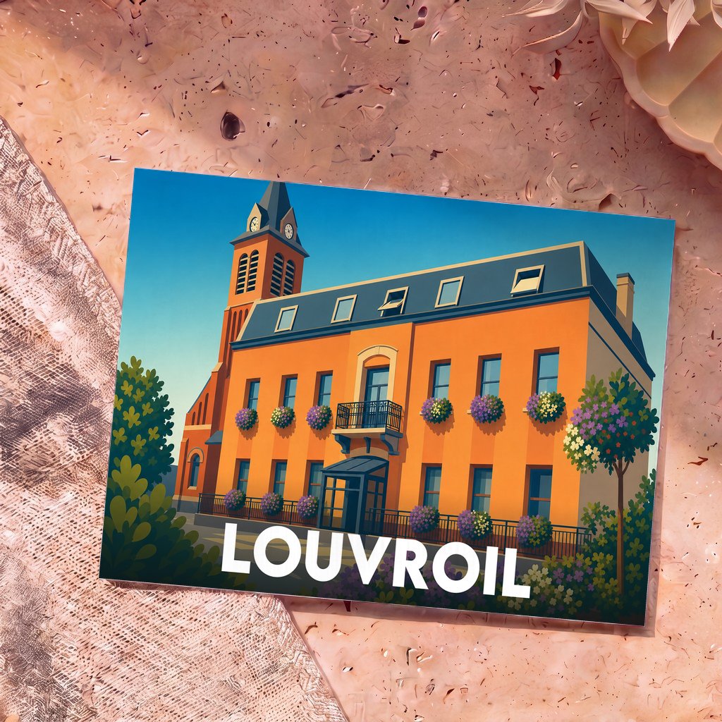 Carte postale souvenir de la ville de Louvroil avec une illustration colorée de l'hôtel de ville.