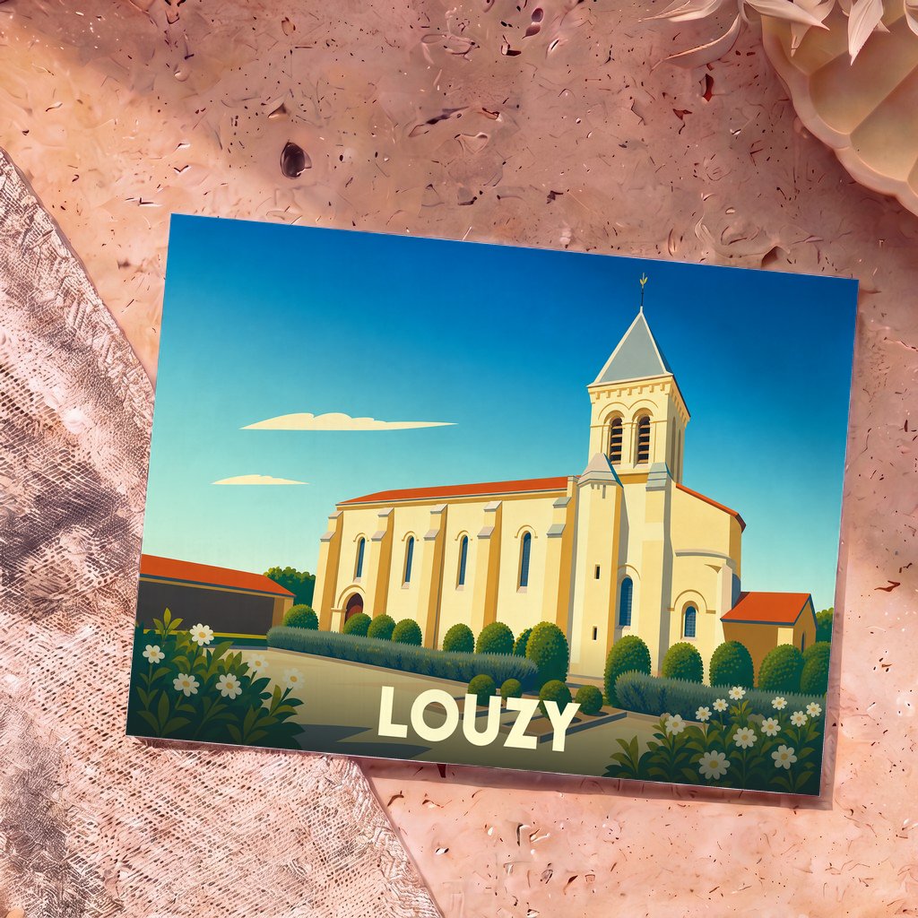 Carte postale souvenir de la ville de Louzy illustrant son église dans un style graphique et coloré.