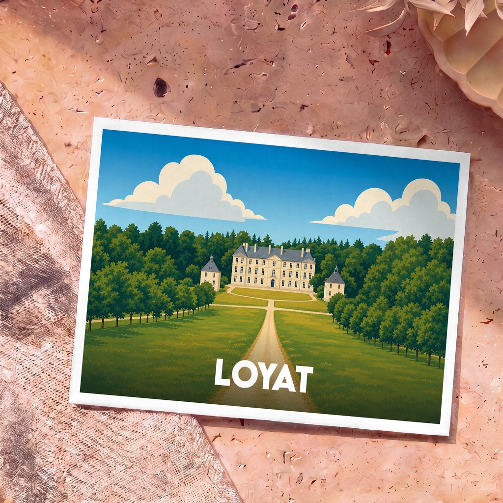 Carte postale souvenir de la ville de Loyat illustrant son château dans un style graphique épuré.