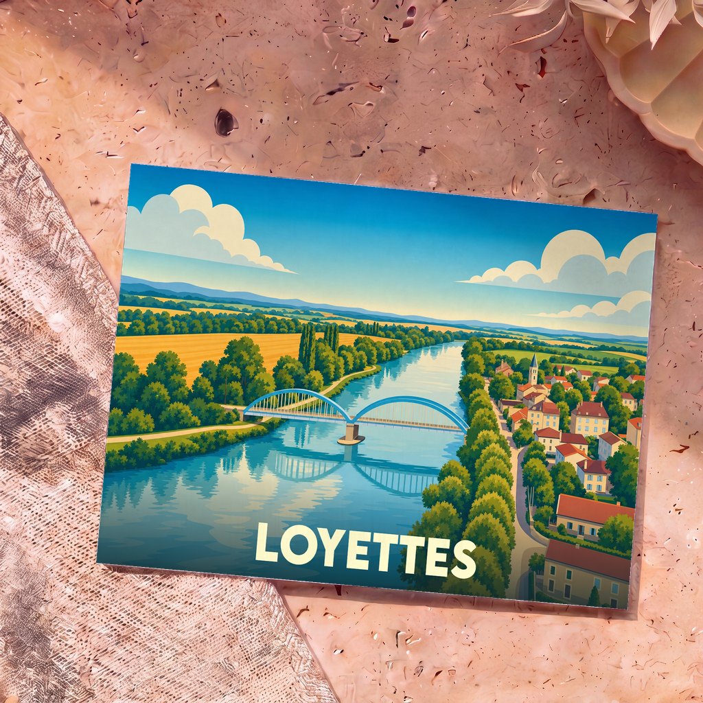 Carte postale souvenir de la ville de Loyettes illustrant son pont sur le Rhône dans un style vintage coloré.