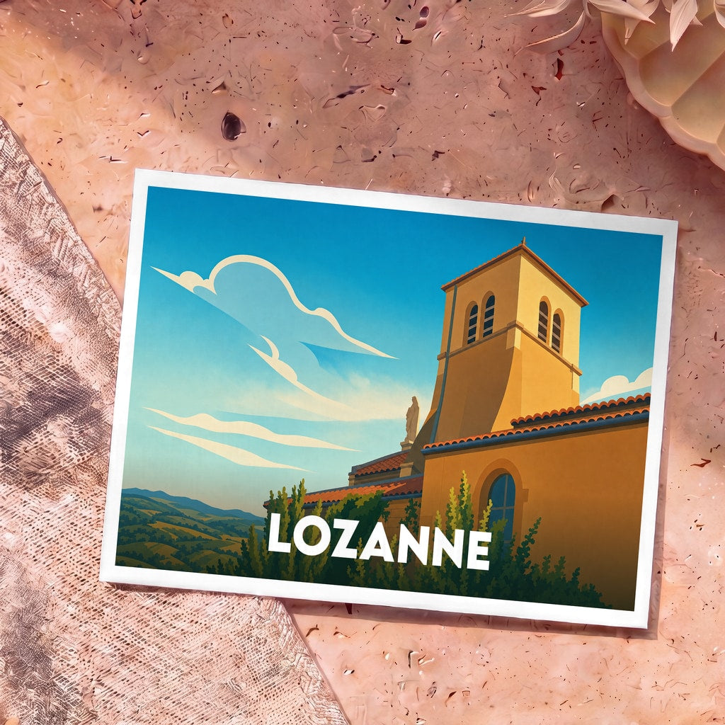 Carte postale souvenir de la ville de Lozanne avec une illustration stylisée de son église surplombant les collines.