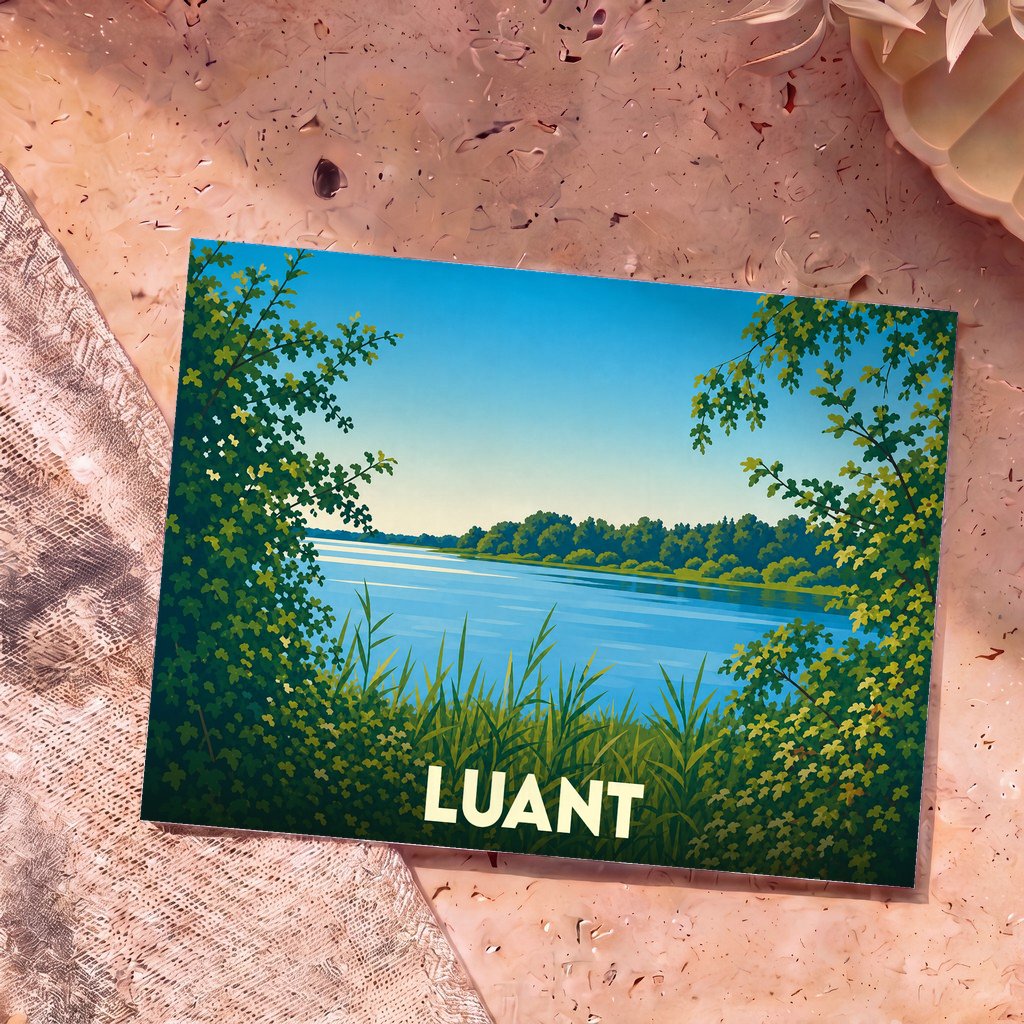 Carte postale souvenir de la ville de Luant avec une illustration stylisée d'un lac bordé de végétation.