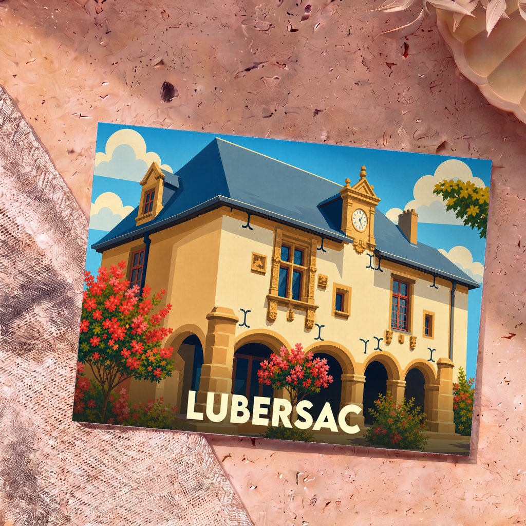 Carte postale souvenir de la ville de Lubersac illustrant sa mairie au style architectural médiéval sous un ciel bleu.