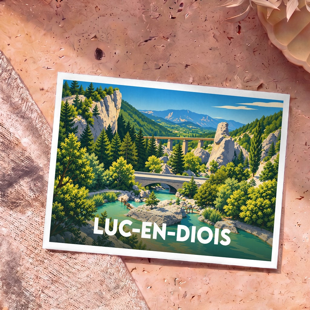 Carte postale souvenir de la ville de Luc-en-Diois illustrant ses paysages montagneux et ses viaducs.