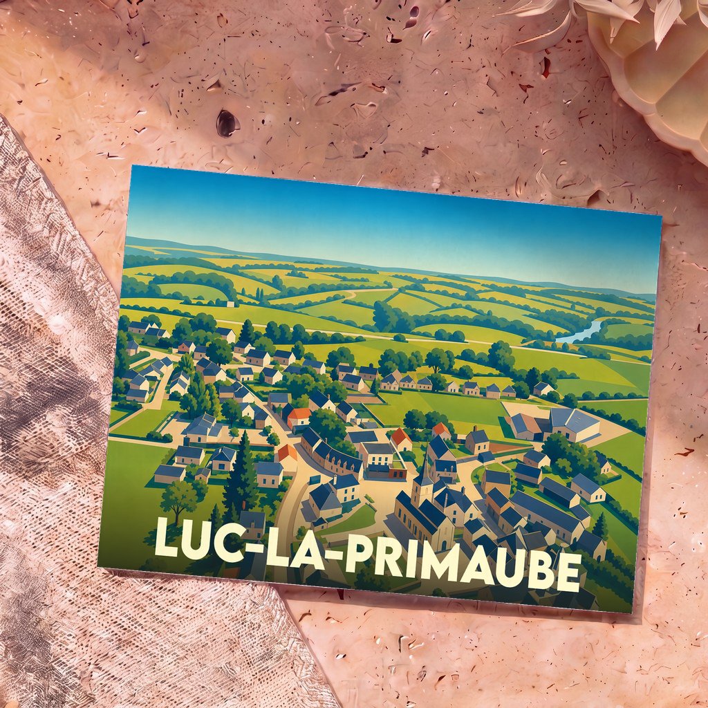 Carte postale souvenir de la ville de Luc-la-Primaube avec une illustration stylisée de ses paysages et habitations.