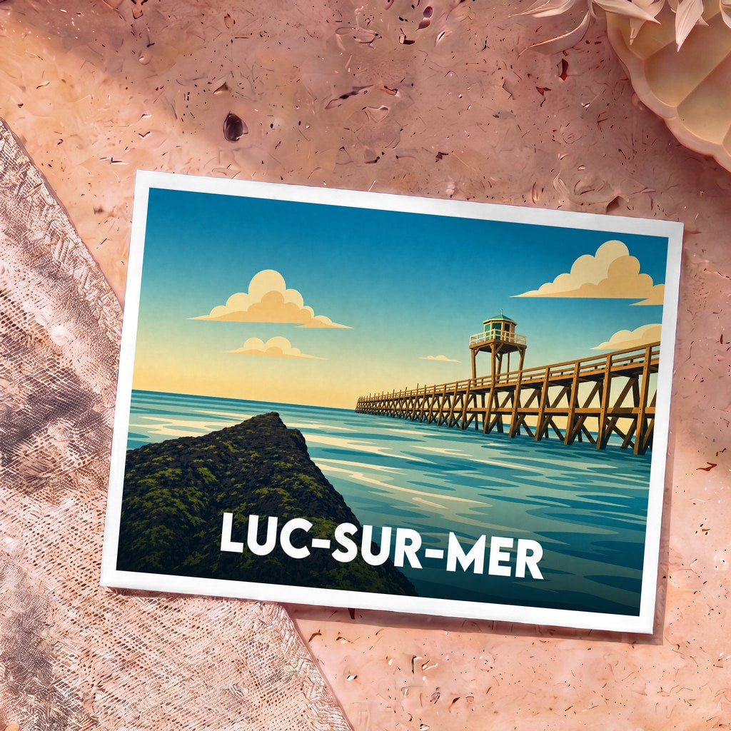 Carte postale souvenir de la ville de Luc-sur-Mer illustrant sa jetée emblématique dans un style graphique épuré.