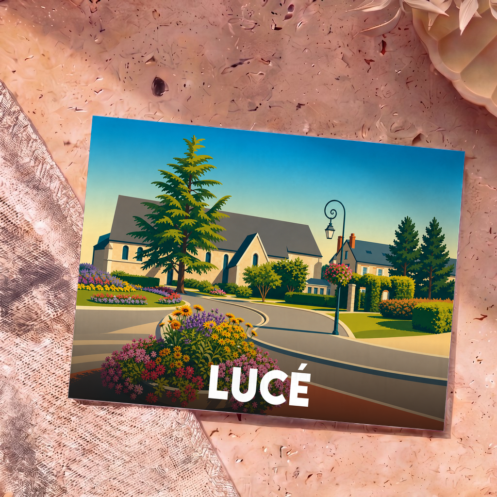 Carte postale souvenir de la ville de Lucé avec une illustration stylisée et colorée.