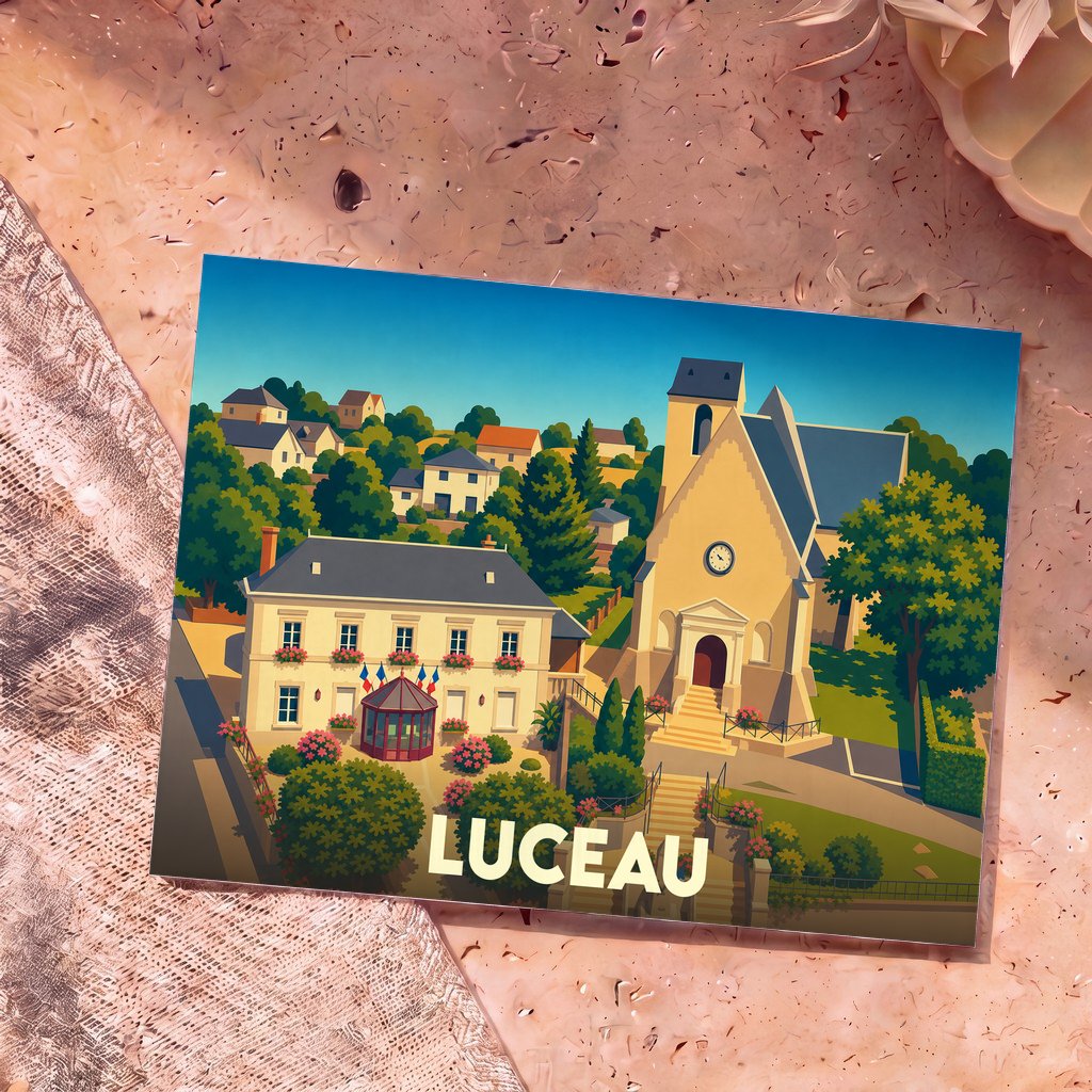 Carte postale souvenir de la ville de Luceau avec une illustration stylisée de son église et de sa mairie.