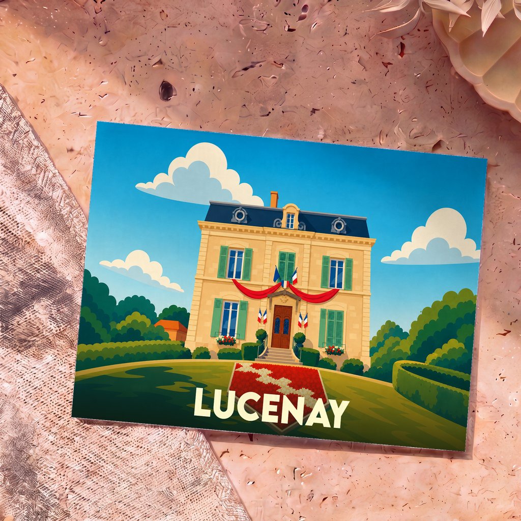 Carte postale souvenir de la ville de Lucenay illustrant une mairie de style français sous un ciel ensoleillé.