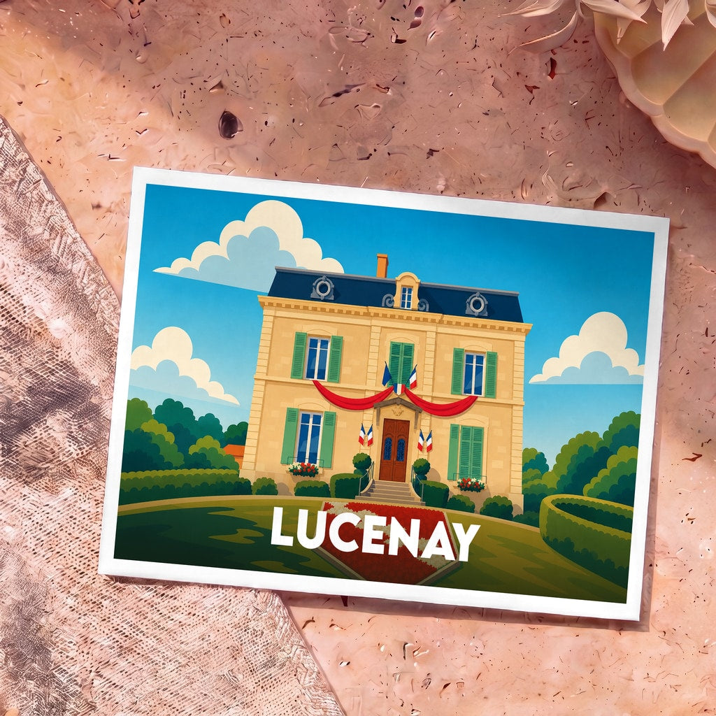 Carte postale souvenir de la ville de Lucenay illustrant une mairie de style français sous un ciel ensoleillé.