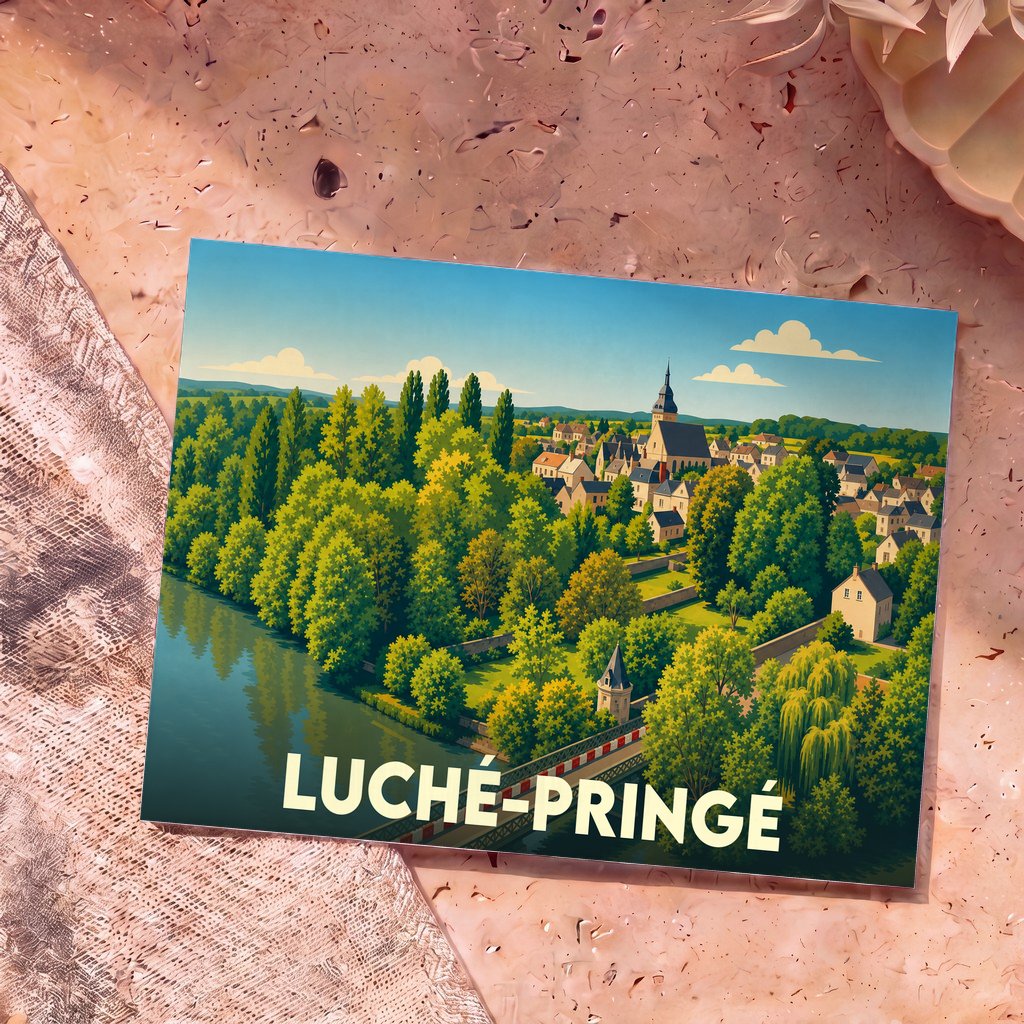 Carte postale souvenir de la ville de Luché-Pringé avec une illustration stylisée d'un paysage verdoyant en bord de rivière.