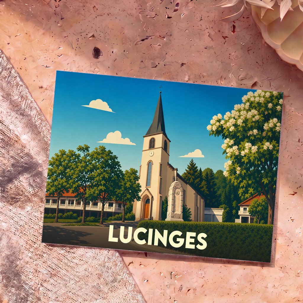 Carte postale souvenir de la ville de Lucinges avec une illustration stylisée de son église.