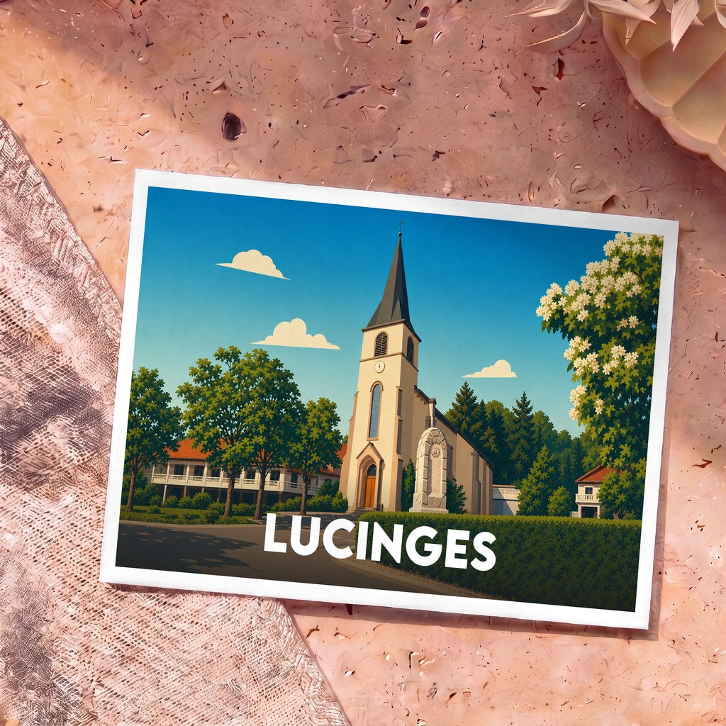 Carte postale souvenir de la ville de Lucinges avec une illustration stylisée de son église.