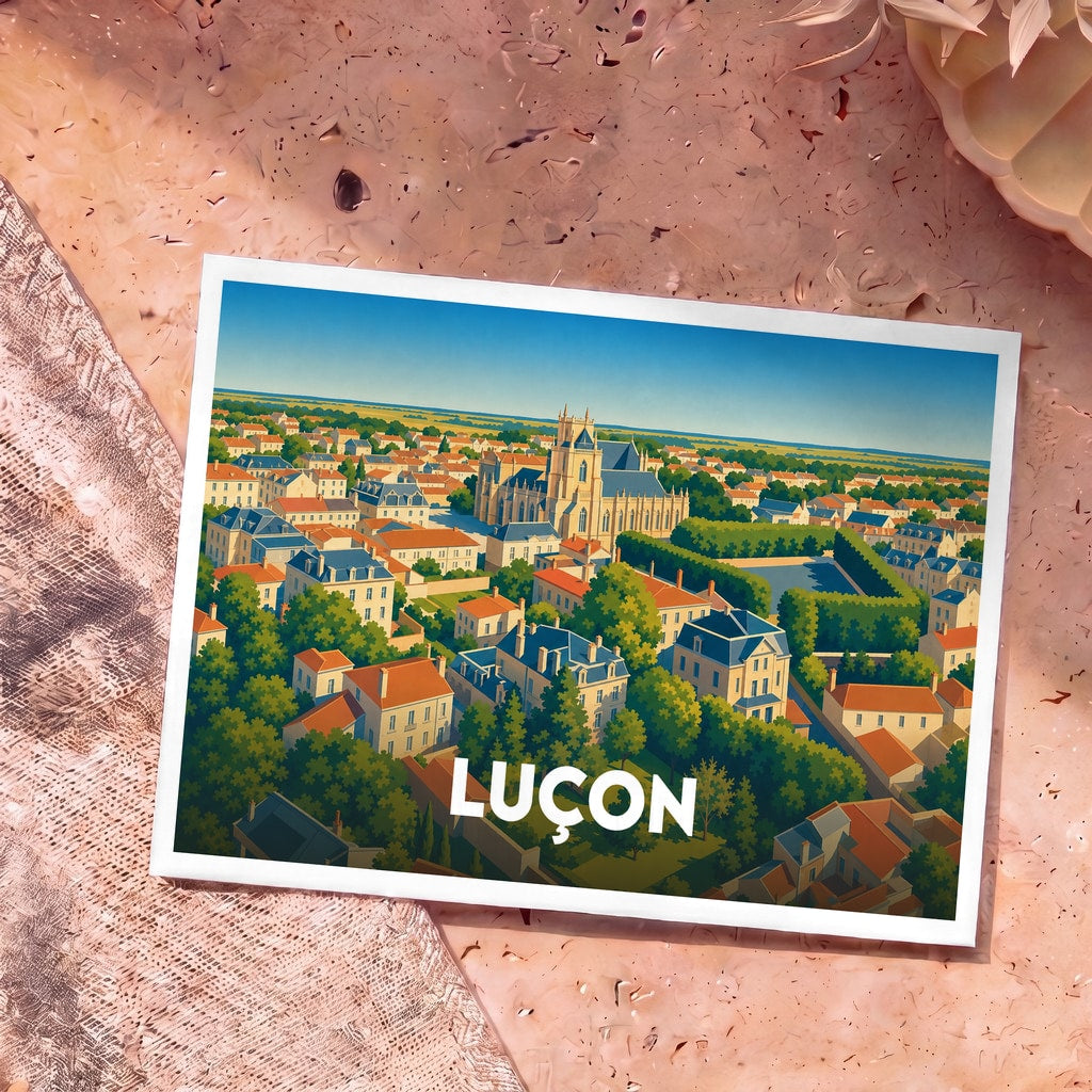Carte postale souvenir de la ville de Luçon illustrée par une vue panoramique colorée de sa cathédrale et de ses jardins.