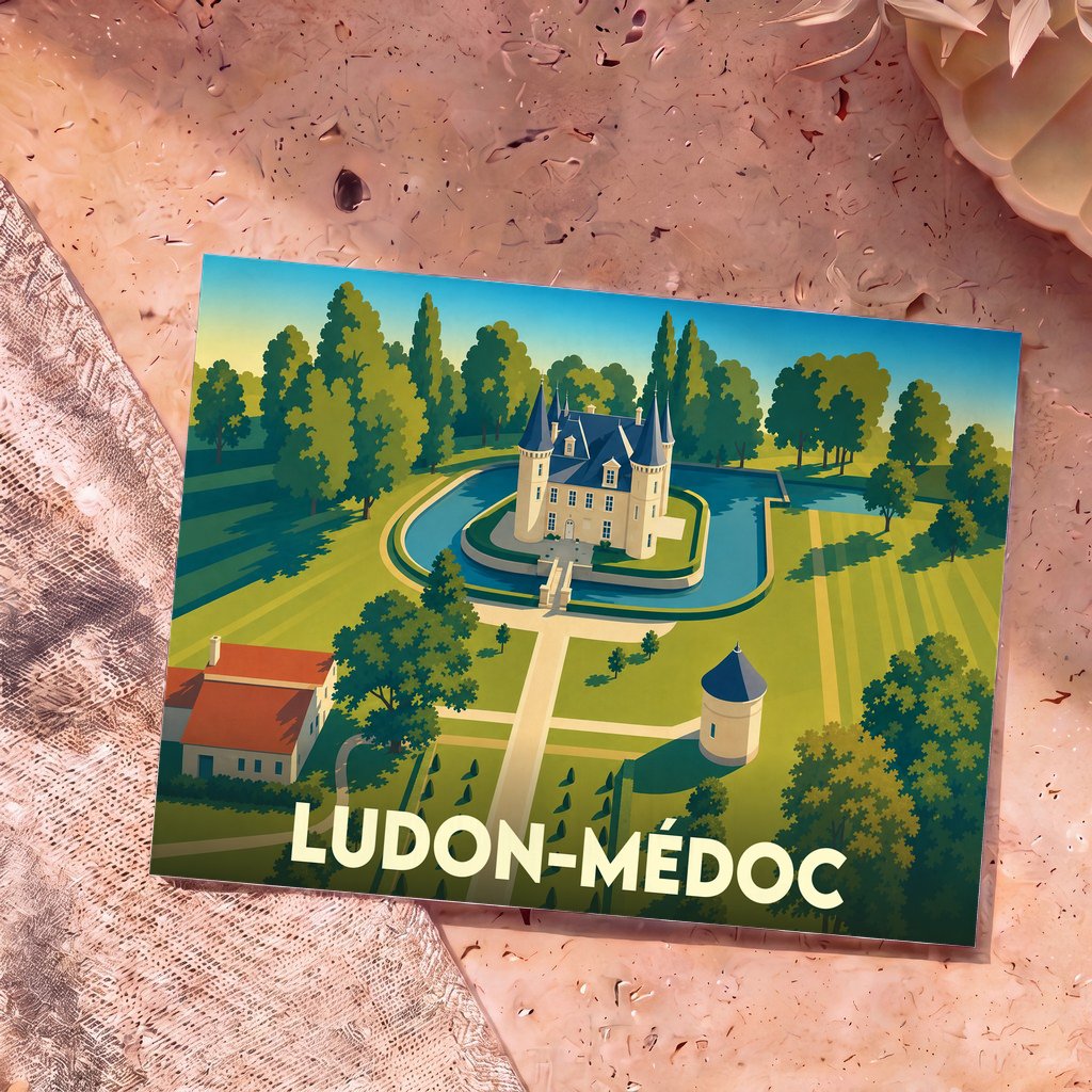 Carte postale souvenir de la ville de Ludon-Médoc avec une illustration stylisée d'un château entouré de douves.
