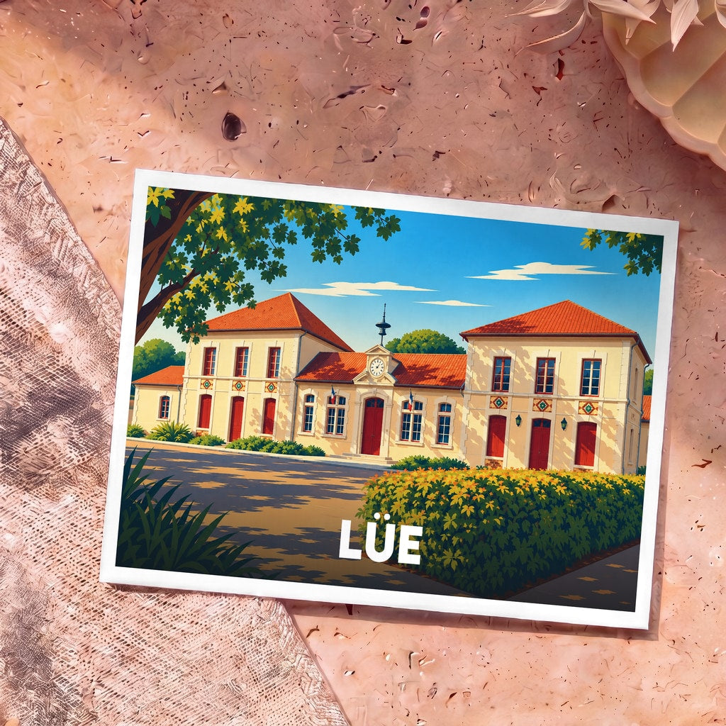 Carte postale souvenir de la ville de Lüe avec une illustration stylisée de la mairie sous un ciel bleu.