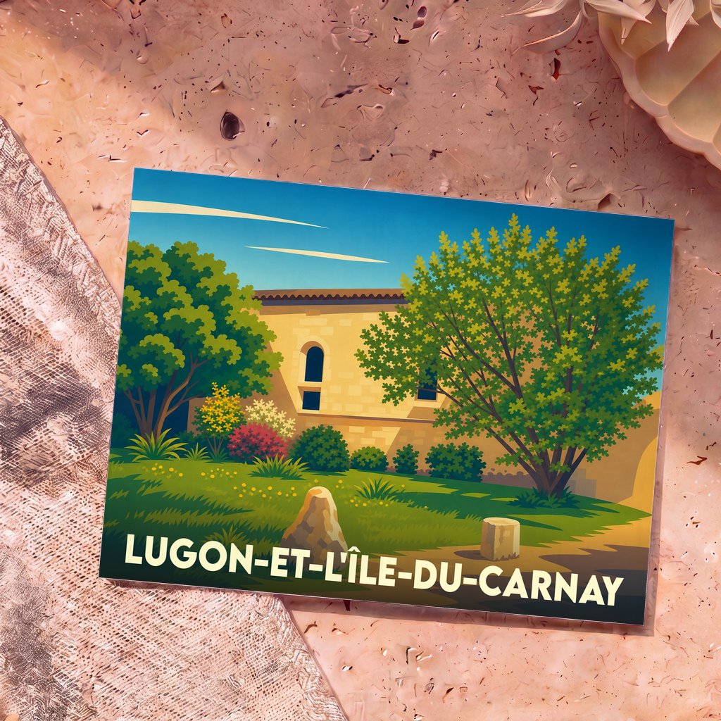 Carte postale souvenir de Lugon-et-l’Île-du-Carnay avec une illustration colorée et stylisée d'un paysage verdoyant et d'un bâtiment historique.