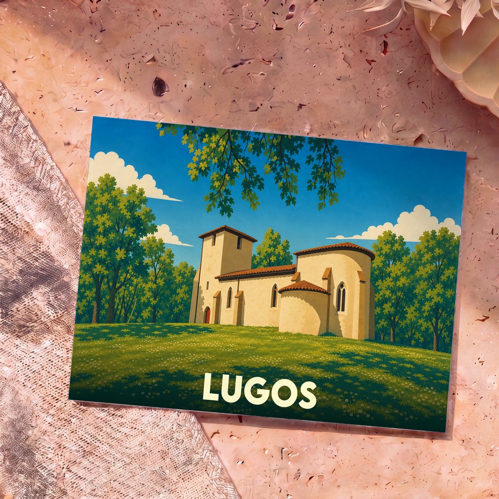 Carte postale souvenir de la ville de Lugos illustrant son église romane dans un style graphique épuré.