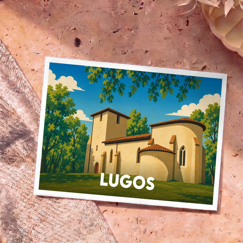 Carte postale souvenir de la ville de Lugos illustrant son église romane dans un style graphique épuré.