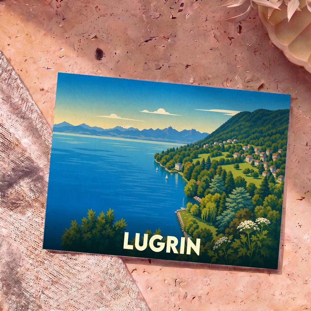 Carte postale souvenir de la ville de Lugrin avec une illustration stylisée d'un paysage de lac et de montagnes.