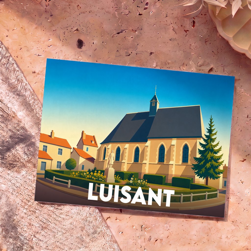 Carte postale souvenir de la ville de Luisant avec une illustration stylisée de son église et de ses environs.