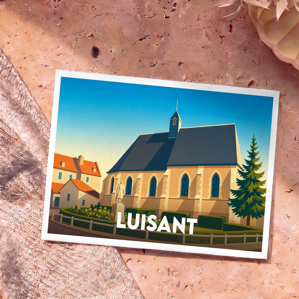 Carte postale souvenir de la ville de Luisant avec une illustration stylisée de son église et de ses environs.