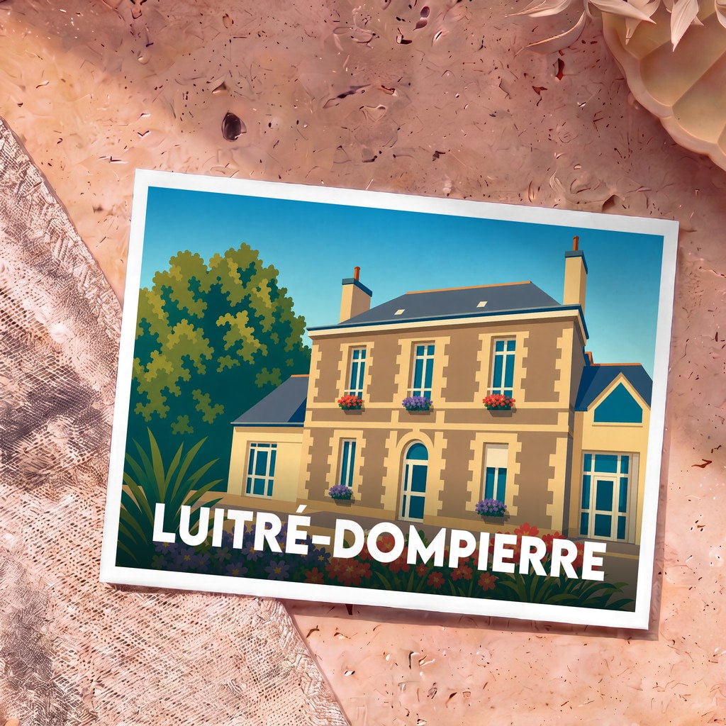 Carte postale souvenir de la ville de Luitré-Dompierre avec une illustration stylisée d'une maison bourgeoise fleurie.