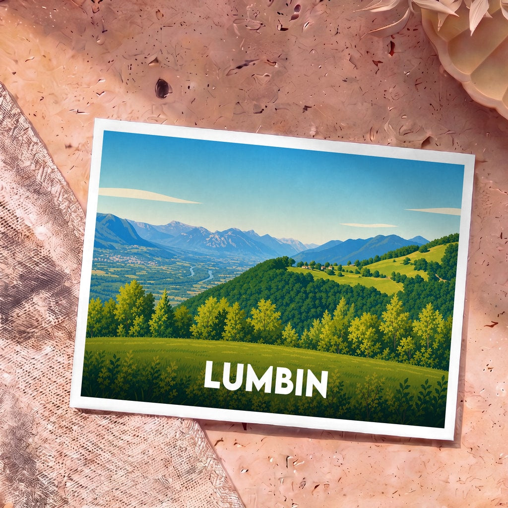Carte postale souvenir de la ville de Lumbin avec une illustration stylisée d'un paysage montagneux et verdoyant.