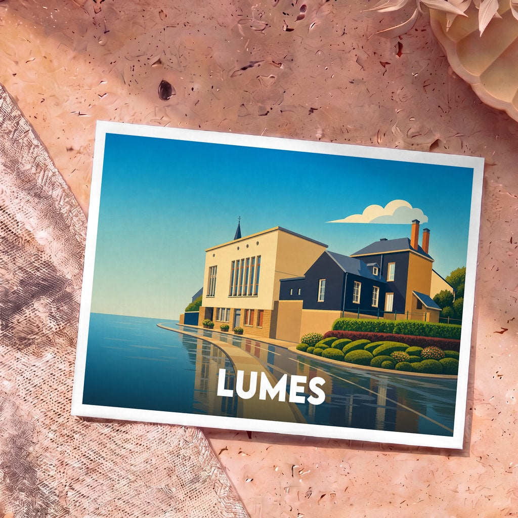 Carte postale souvenir de la ville de Lumes avec une illustration stylisée et colorée.