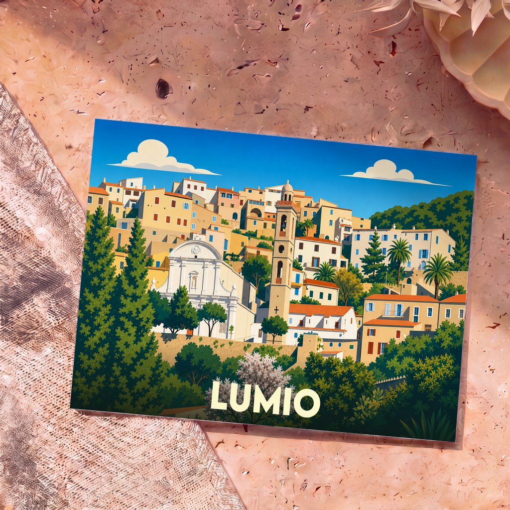 Carte postale souvenir de la ville de Lumio avec une illustration stylisée et colorée.