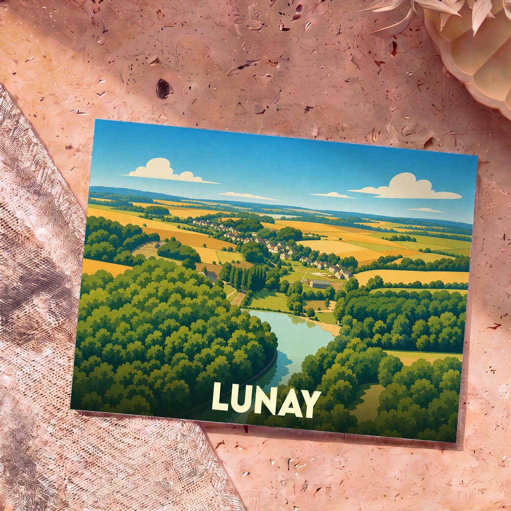 Carte postale souvenir de la ville de Lunay illustrant un paysage de campagne vallonné et verdoyant.