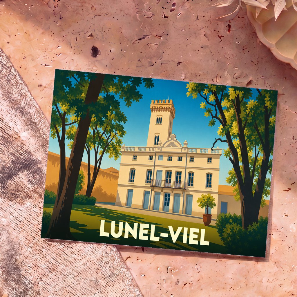 Carte postale souvenir de la ville de Lunel-Viel avec une illustration stylisée de son château.