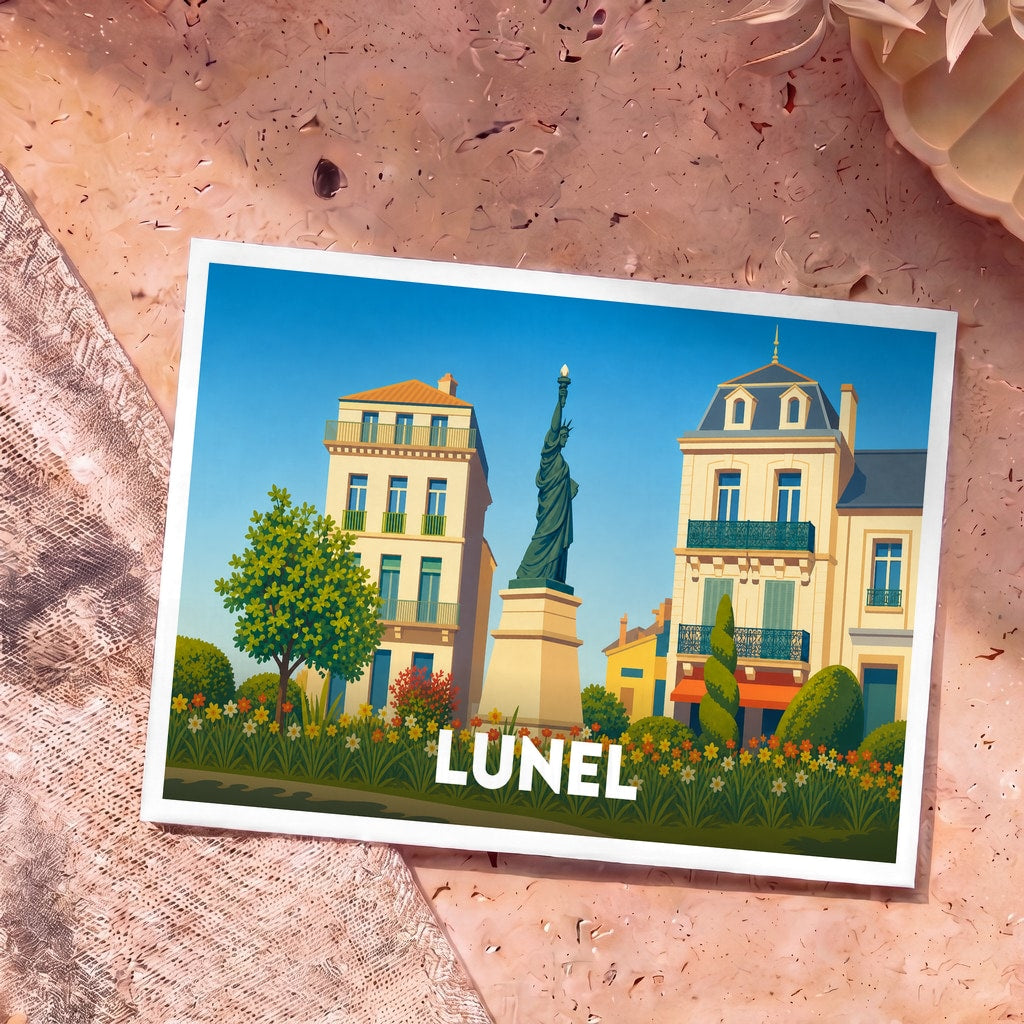 Carte postale souvenir de la ville de Lunel avec une illustration stylisée représentant sa statue de la Liberté et des bâtiments typiques.