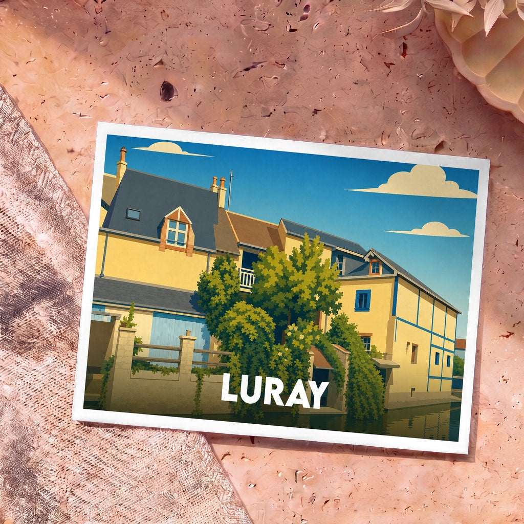 Carte postale souvenir de la ville de Luray illustrée d'une maison colorée au bord de l'eau dans un style graphique épuré.