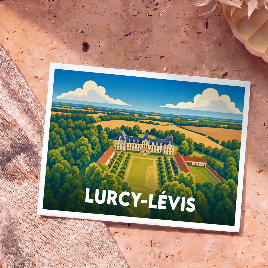 Carte postale souvenir de Lurcy-Lévis illustrant son château et ses paysages ruraux dans un style graphique épuré.