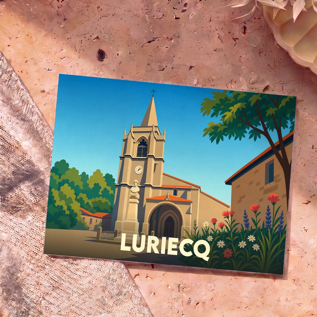 Carte postale souvenir de la ville de Luriecq avec une illustration stylisée de son église et de sa place.
