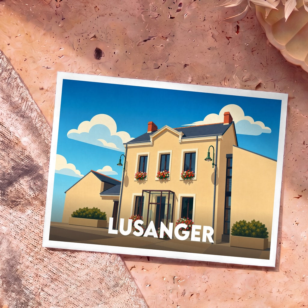 Carte postale souvenir de la ville de Lusanger avec une illustration stylisée d'une maison fleurie.