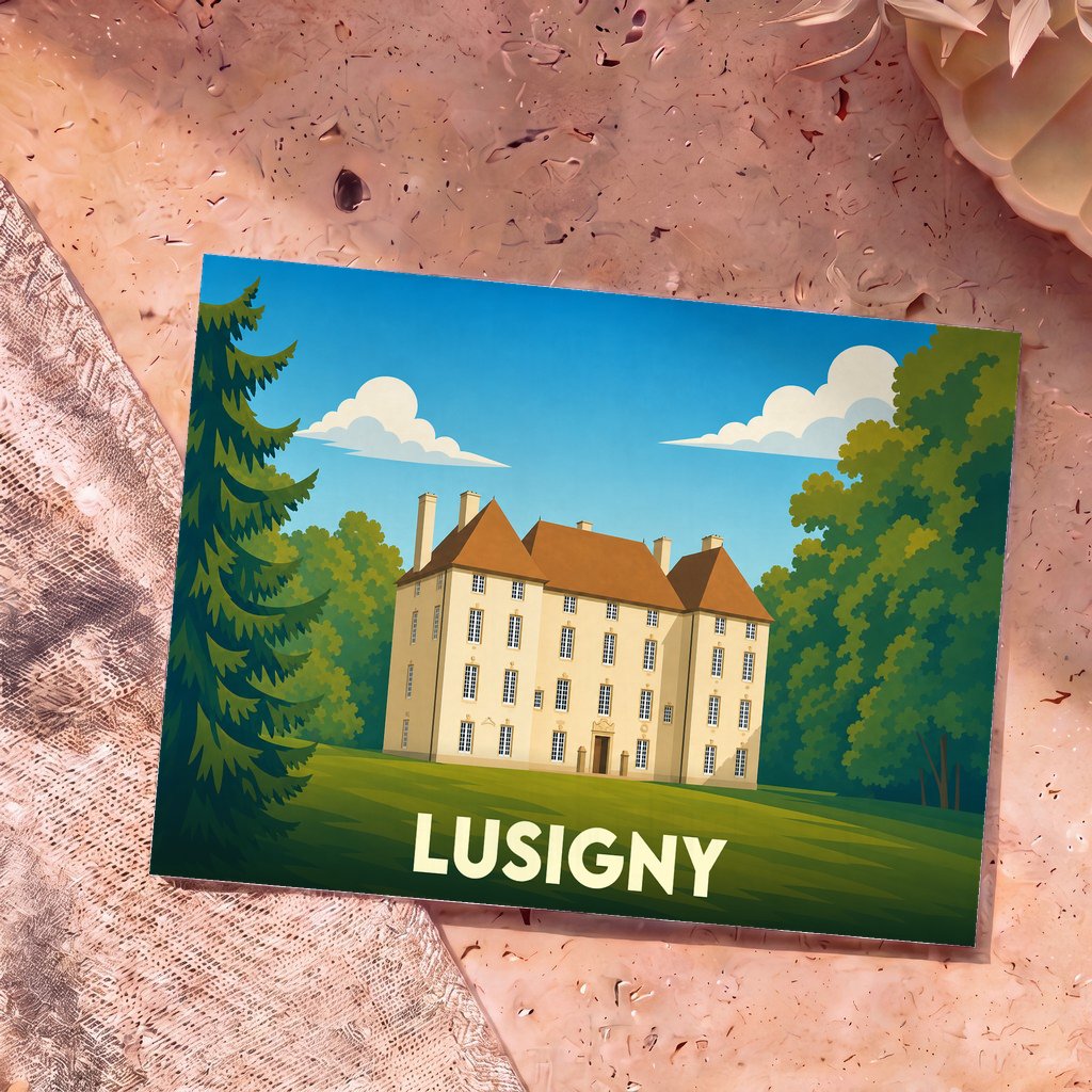 Carte postale souvenir de la ville de Lusigny avec une illustration stylisée d'un château entouré de verdure.