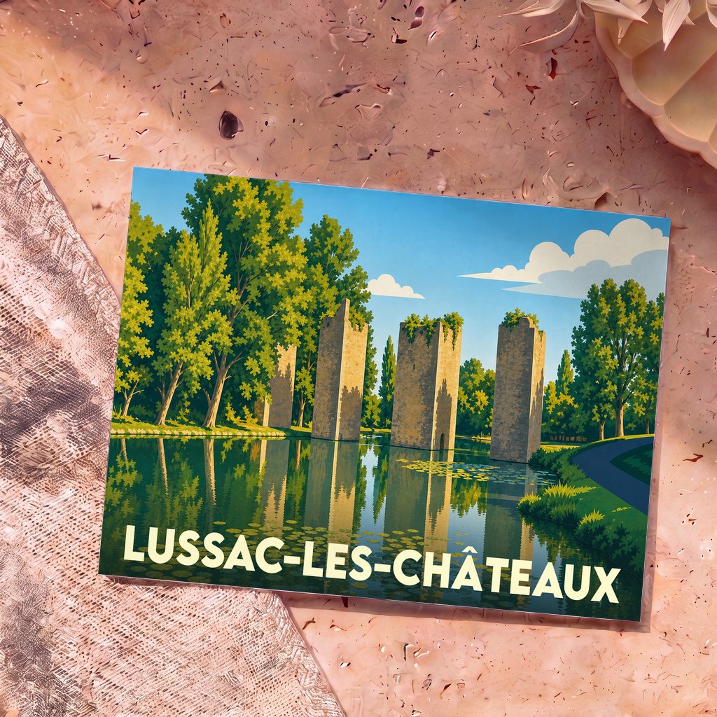 Carte postale souvenir de la ville de Lussac-les-Châteaux avec une illustration stylisée de ses tours médiévales.