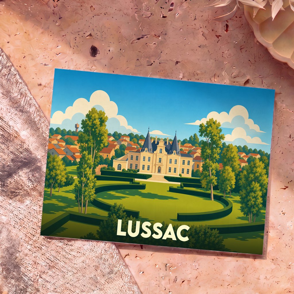 Carte postale souvenir de la ville de Lussac illustrant son château et ses jardins dans un style graphique épuré.