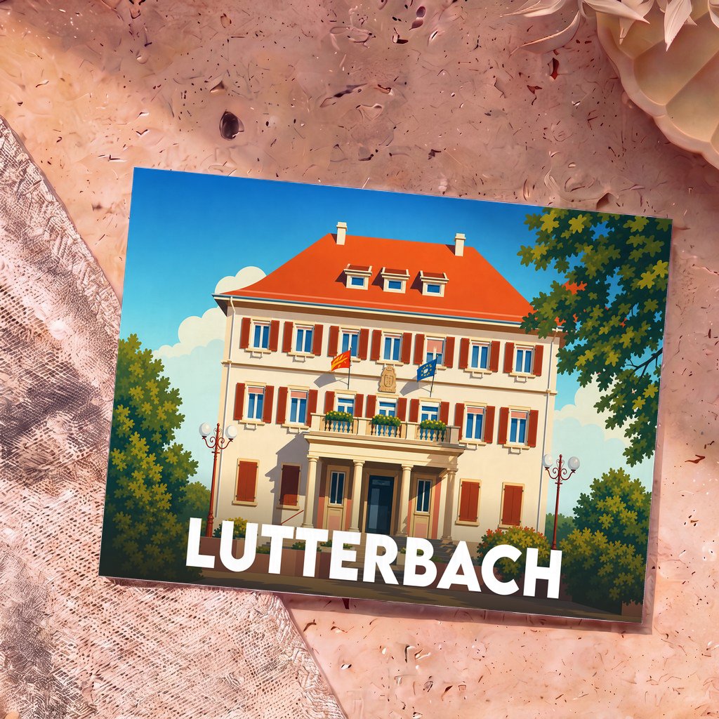 Carte postale souvenir de la ville de Lutterbach avec une illustration stylisée d'un bâtiment historique.