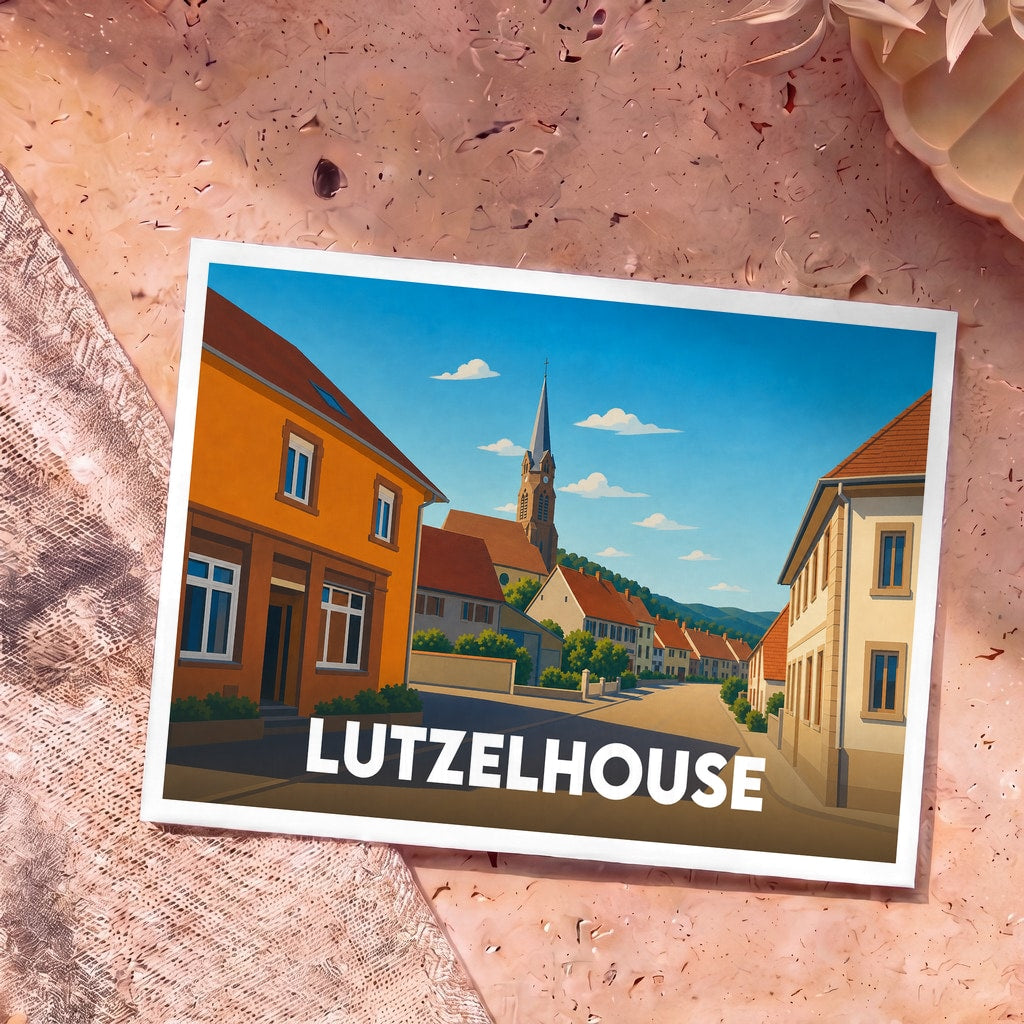 Carte postale souvenir de la ville de Lutzelhouse avec une illustration stylisée montrant ses maisons colorées et son église.
