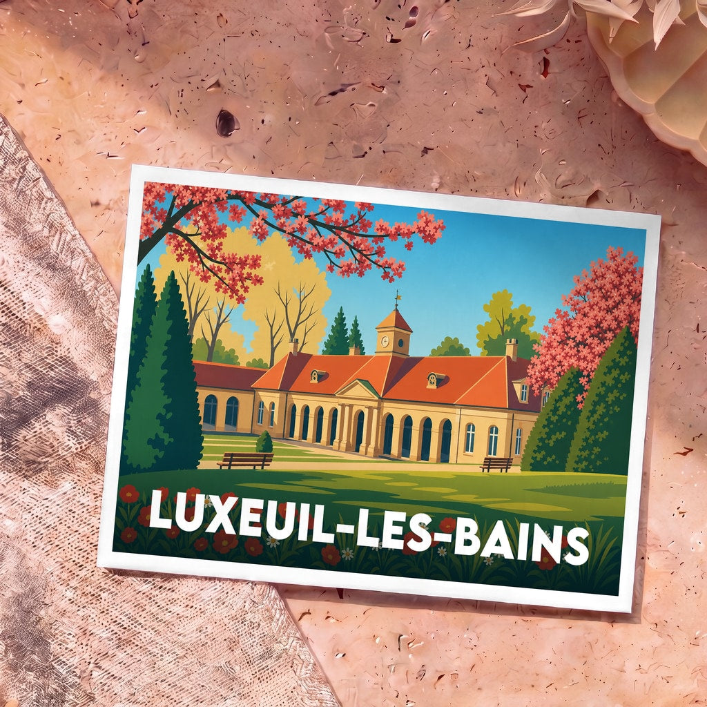 Carte postale souvenir de la ville de Luxeuil-les-Bains illustrant l'établissement thermal dans un style graphique coloré.