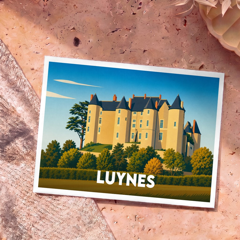 Carte postale souvenir de la ville de Luynes illustrant son château avec un style graphique épuré et coloré.