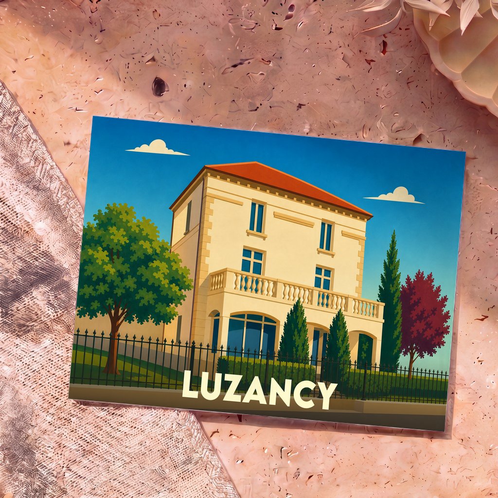 Carte postale souvenir de la ville de Luzancy présentant une illustration stylisée d'une demeure traditionnelle.